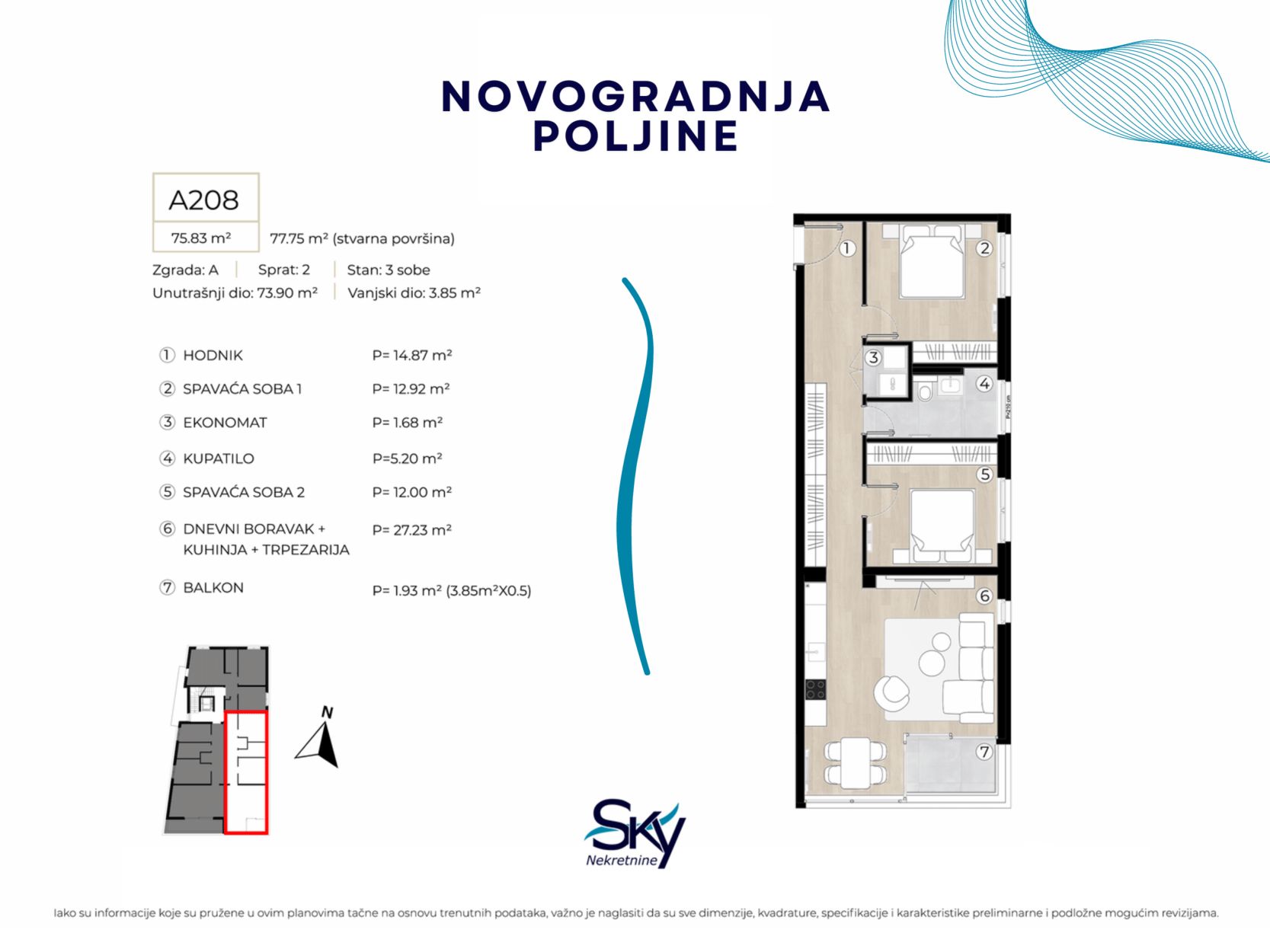 Novogradnja Poljine Stan A208- 75,83